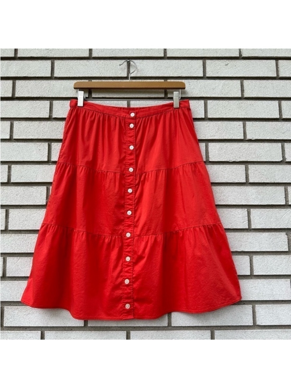 LOFT Tomato Orange Red Tiered Button Front A-Line Midi Skirt S Coastal Academia